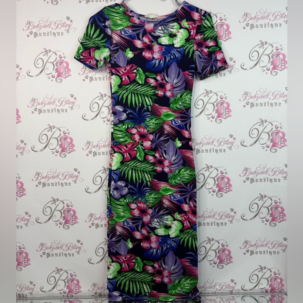 Capella apparel dress flowers leafs nrifht neon Floral Tropical Midi Dress
